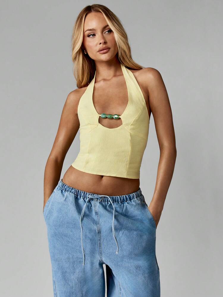 MISSGUIDED Summery Halter Neck Linen Crop Top With Beaded Front Detail Backless Party Holiday Evening Occasion Wear