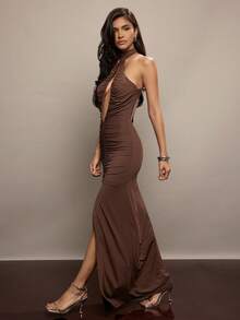 Hauture Sleeveless Tear Drop Cut Out Ruched Slit Halter Maxi Dress - Fall Sexy Mob Wife Party Statement - Brown - View 1