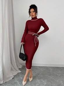Selianne Women's Elegant Turtleneck Fitted Ribbed Texture Bowknot Sweater Dress - Burgundy - View 5