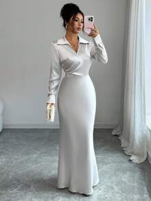 Selianne 女式纯色翻领长袖修身优雅连衣裙 - 淺灰色 - 查看 5