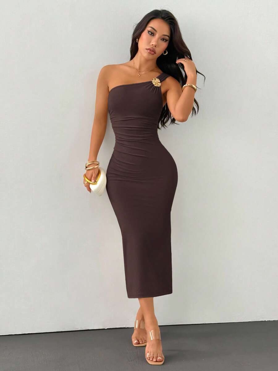 SHEIN PETITE Gold Color Brooch Decor Asymmetric Neck Ruched Fishtail Dress,Petite Women - Brown - View 1
