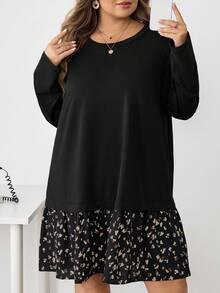 SHEIN CURVE+ 大码女式黑色波尔卡圆点拼接图案侧袋圆领长袖休闲连衣裙，适合感恩节装扮，秋冬 - 彩色 - 查看 3