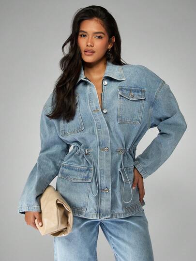 MISSGUIDED Cotton Oversized Drawstring Waist Denim Jacket Utility Style Light Wash Autumn Winter Outerwear With Multiple Pockets Front Button Closure