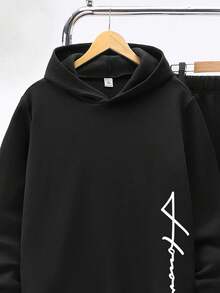 SHEIN 2pcs/Set Black Streetwear Casual Letter Print Knit Hoodie And Sweatpants,Fleece Thickened Autumn Back-To-School Graduation Set For Parties,Winter - White - View 5