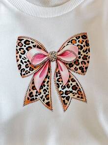 SHEIN Baby Girl White Crew Neck Sweatshirt With Leopard Print & Bow Graphic, Cute & Casual - White - View 7