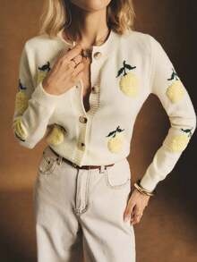 Poéselle Women's Fruit Pattern Long Sleeve Single-Breasted Casual Knit Cardigan, Autumn,Fall - Beige - View 3