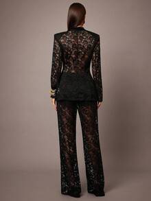 Silquee Fall Women's Clothing, Commuter Fashion, Fall Women's Clothing, Fall Essentials, Women's Lapel, Long-Sleeved Lace See-Through Slim Fit, Elegant Black Blazer, Women's Lace Jacket, Women's Black Blazer - Black - View 7