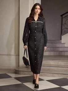 ZEYLAH Vestido feminino de tweed com recortes e patchwork, cintura marcada e corte em A - Preto - Ver 6