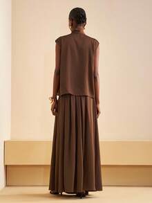 Zivah 2025 Winter New Style Christmas New Year Birthday Party Banquet Preppy Style Student Wear Everyday Street Basic Versatile Casual Cruise Travel Internet Celebrity Hot Style Elegant Commuter Business Casual Gathered Small Stand-Up Collar V-Neck Loose Shirt With Ribbon + Gathered Maxi Skirt Coffee Glitter Satin Satin Autumn/Winter Set Christmas Set New Year Set Women's Two-Piece Set - Rust Brown - View 7