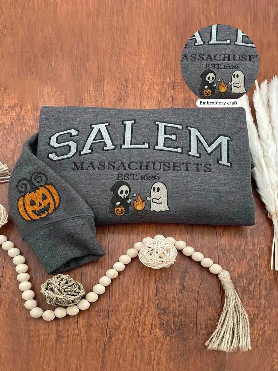 INAWLY Halloween Witch Hat Embroidered Sweatshirt, Comfortable Round Neck Embroidery Pattern Sweatshirt For Autumn - Dark Grey - View 1