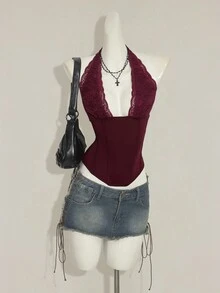 SHEIN ICON Women's Lace Patchwork Sheer V-Neck Backless Camisole Top Gothic Bathing Suit  Western Bathing Suit - Red - View 3