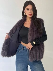 Firerie 女款優雅人造毛領大衣，酒紅色冬季大衣，日常秋季穿搭，紋理條紋毛絨紫色大衣，日常秋季外出穿著 - 咖啡棕 - 查看 4