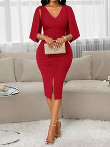 SHEIN Lady 春夏秋冬大码针织V领露肩设计修身百褶设计下摆开衩中长款黑色连衣裙 - 紅色 - 查看 4