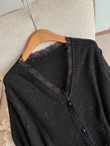Firerie Áo len cardigan dệt sequin cỡ lớn cho nữ, áo len chui đầu ren thời trang thường ngày cho mùa thu/đông - màu đen - Xem 3