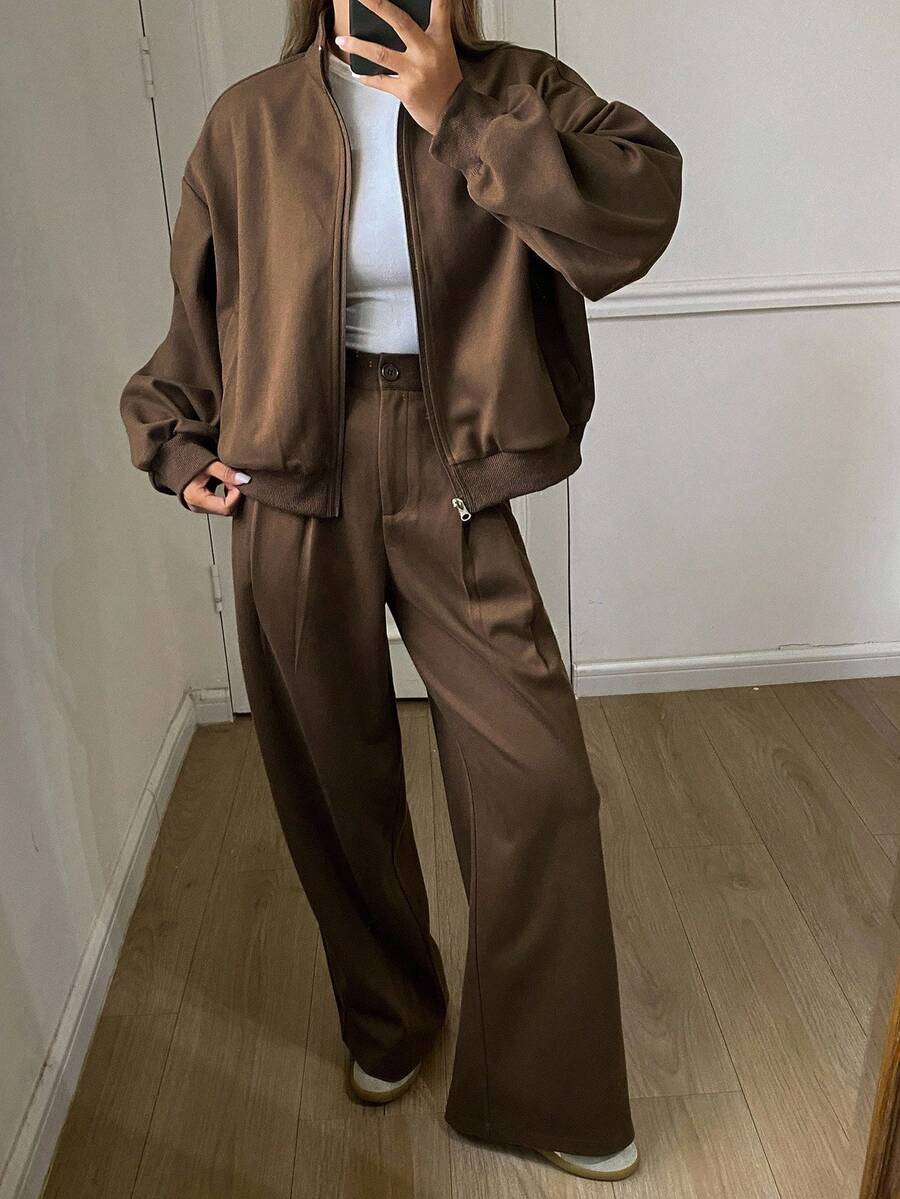 Livesso 2pcs Women's Casual Suit Set: Straight Leg Knitted Blend Jacket Coat And Relaxed Fit Pants, Business Casual Commuter Style, Brown, Autumn/Winter Tracksuits Women Set Lounge Sets For Women - Brown - View 1