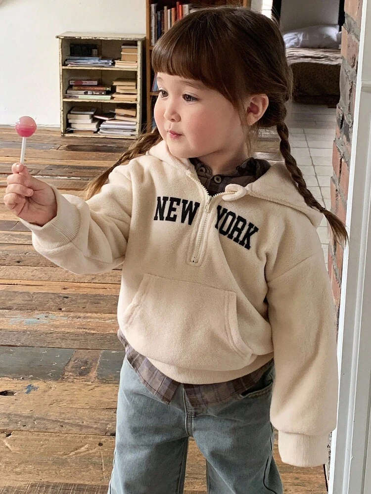 Baby Girl Hooded Contrast Color Korean Style Long Sleeve English Letter Sweatshirt Fall, Winter Toddler Girls Clothes