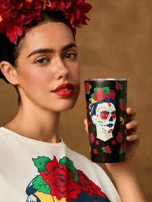 Frida Kahlo X SHEIN 20 盎司/600 毫升印花不锈钢平底保温杯（带杯盖） - 黑色 - 查看 2