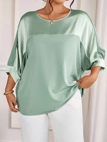 Cravure Plus Size Round Neck 3/4 Sleeve Metallic Fabric Patchwork Contrast Color Woven Fabric Cuff Raglan Sleeve Casual Outgoing Holiday Commute Party Pullover Shirt - Mint Green - View 6