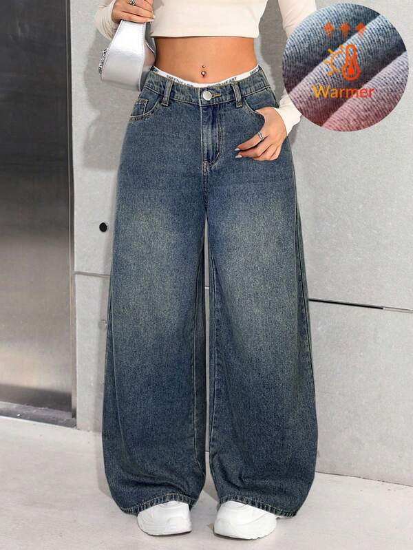 Pantalones holgados de denim azul con forro polar para adolescentes y mujeres, para otoño/invierno