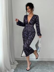 Elenzga Deep V-Neck Ruched Long Sleeve Elastic Cuff Split Hem Bodycon Dress Maxi Women Outfit - Dark Grey - View 5