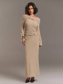 Aloruh Women's New Year's Look Autumn And Winter Khaki Apricot One-Shoulder Off-Shoulder Simple Fashion Street Pleated Waist Metal Decoration Slim Long Skirt, Versatile Long-Sleeved Knitted Dress, Autumn And Winter Base Dress Prom Dress,Vestidos Elegantes