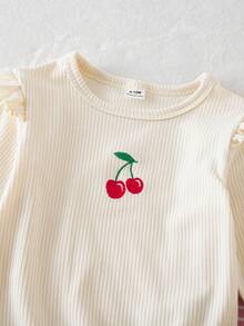 2pcs Baby Girl Autumn/Winter Round Neck Flutter Sleeve Ribbed Knit Top + Pink Ribbed Pants With Cherry Embroidery, Casual Cute Matching Set Fall - Multicolor - View 5