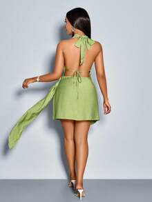 SOLERSUN 女式春夏度假纯色垂坠前露背不对称下摆连衣裙复古通勤街头风格 - 綠色 - 查看 2