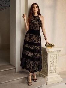 ZEYLAH Velvet & Lace Patchwork Cinching Waist Dress, Autumn/Winter - Black - View 7