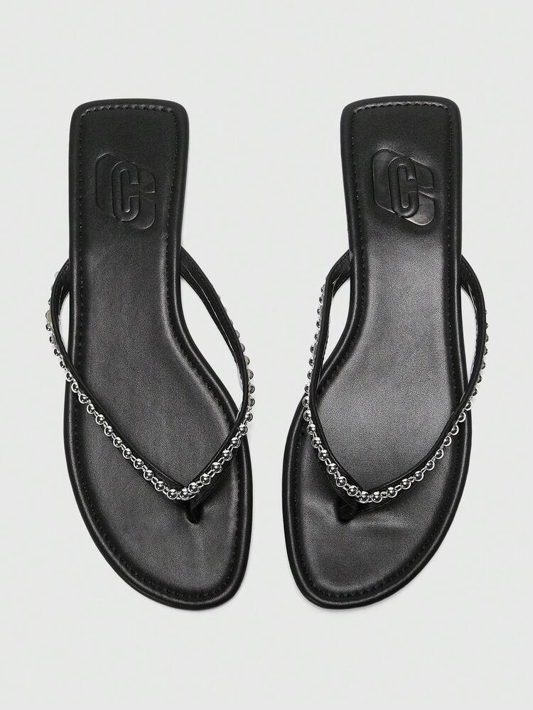 CUCCOO BIZCHIC Women's Outdoor Casual Fashion Versatile Black PU Flat Flip Flops, Comfortable For Leisure, Beach, Vacation