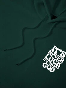 Manfinity Dauomo 男士休闲标语印花长袖连帽卫衣，秋冬 - 墨綠色 - 查看 4