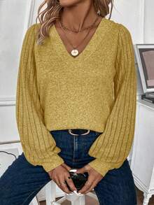 EMERY ROSE Áo thun tay đèn lồng màu trơn cỡ lớn, đa năng cho mùa thu - Màu vàng - Xem 4