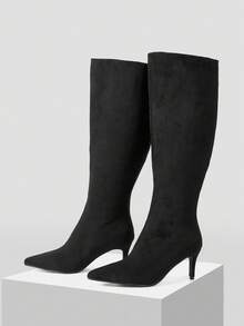 Mnmlis بوت نسائية ذات أصابع مدببة وسحاب خلفي طويلة حتى الركبة، كعب عالي رفيع باللون الأسود - الأسود - مشاهدة 7