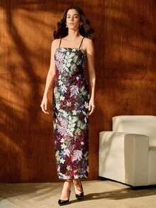 Anewsta 女士优雅花卉亮片细肩带开叉连衣裙，适合约会、万圣节、派对、秋季 - 紅色 - 查看 3