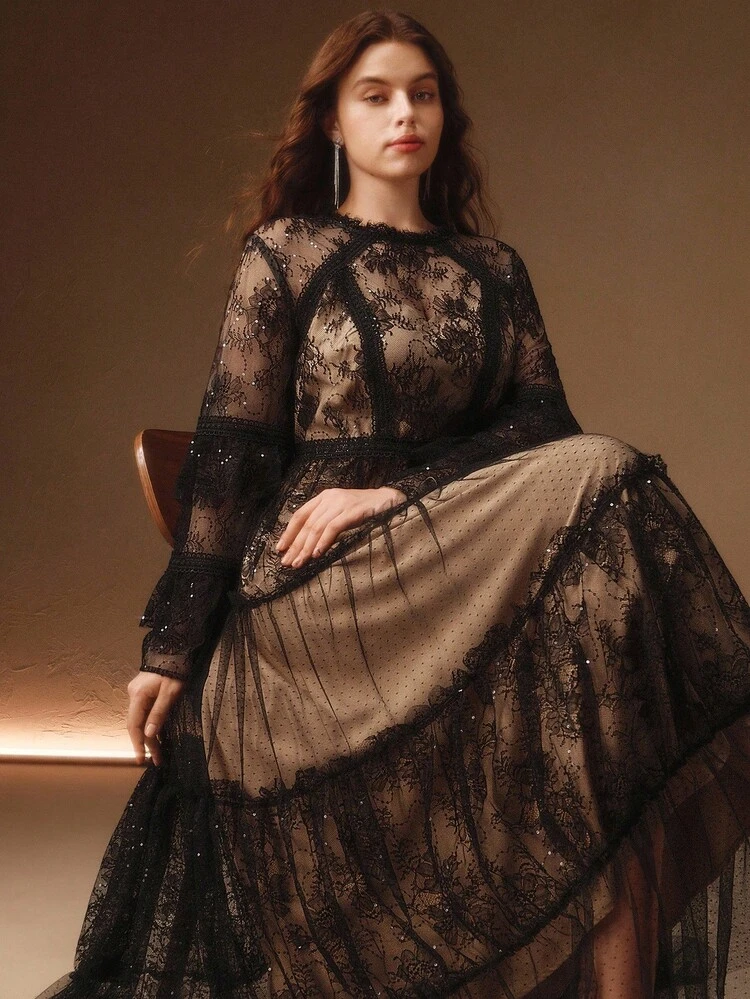 Plus Size Women Elegant Lace Polka Dot Mesh Patchwork Ruffle Long Sleeve Dress, Romantic Style For Christmas, New Year Party, Date, Autumn/Winter
