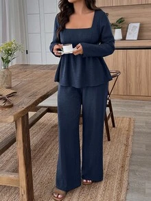 EMERY ROSE Große Größen Lässig Einfarbig Hemd und Hose 2 Stücke Set