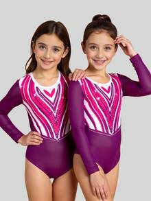 Young Girls Heart Pattern Leotard, Professional Grading Training Competition Gymnastics Outfit, New Long Sleeve Style - Purple - View 1