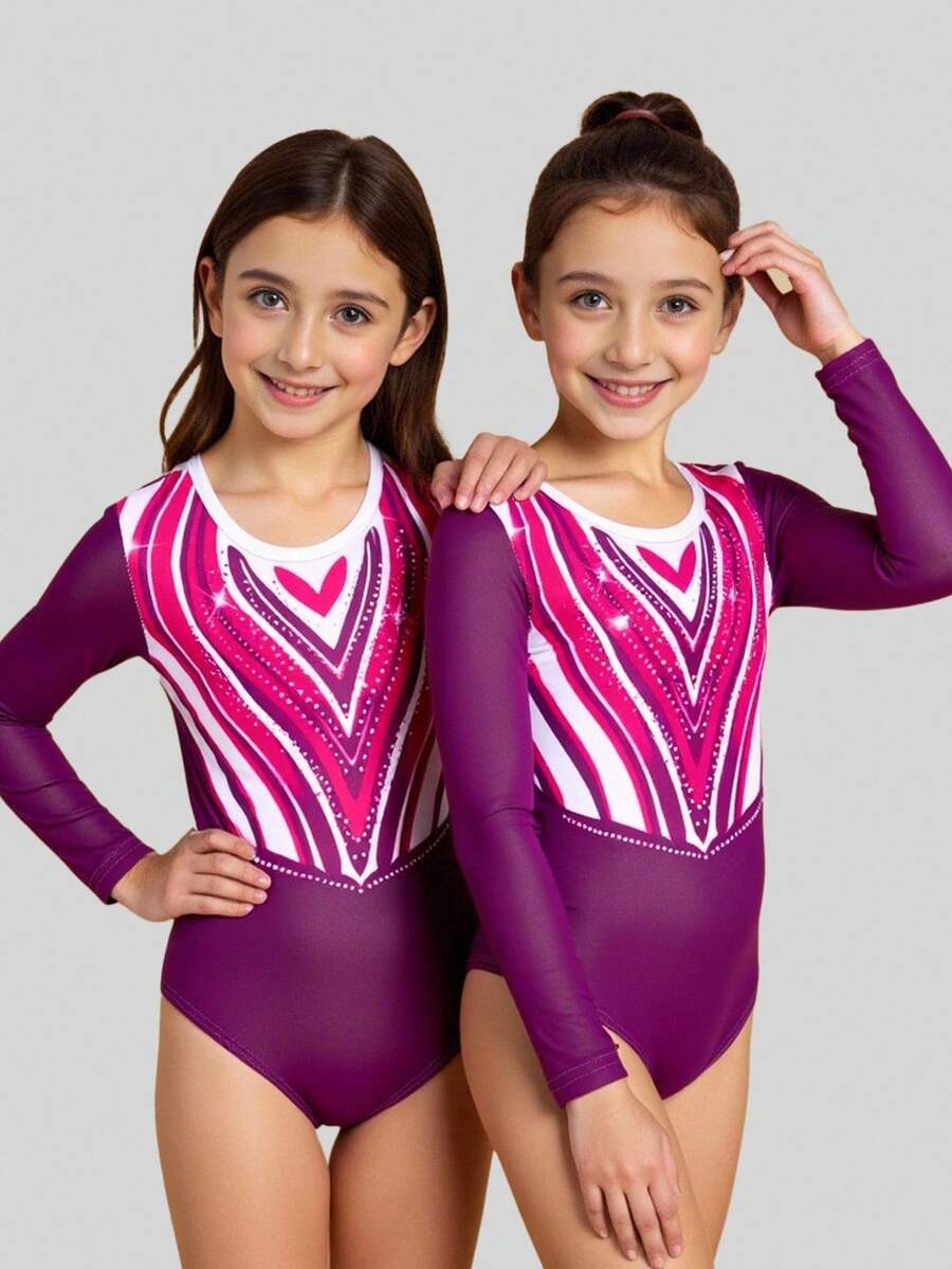 Young Girls Heart Pattern Leotard, Professional Grading Training Competition Gymnastics Outfit, New Long Sleeve Style - Purple - View 1