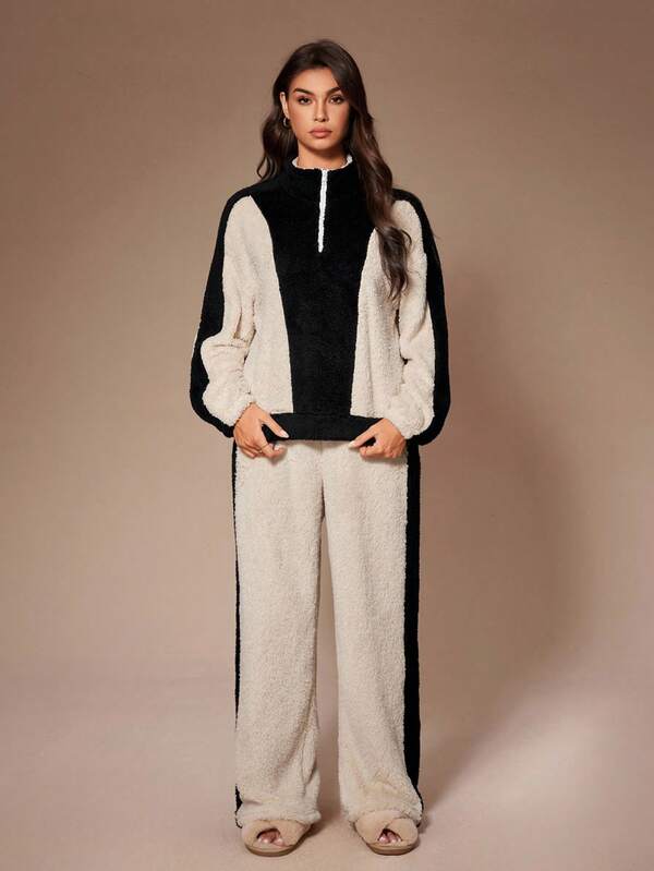 Lazeform Conjunto de pijama de mujer con cremallera y cuello de felpa con bloques de color, manga larga y pantalón. Conjunto de jogger de invierno para mujer, conjuntos cómodos, conjuntos acogedores, ropa de estar en casa, conjunto de pijama occidental, ropa de otoño