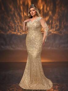 Glamrae Plus Size Elegant Champagne Color Mesh Applique Long Sleeve V-Neck High Waist Slimming Fishtail Formal Gown - Champagne - View 6