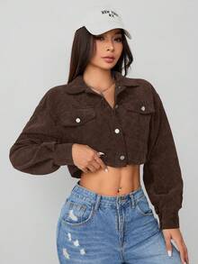 SHEIN PETITE Spring Outfits Drop Shoulder Flap Detail Crop Corduroy Jacket In Fall/Winter - Brown - View 6