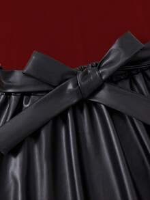 2pcs/Set Elegant Casual Ribbed Knit Crew Neck Long Sleeve Top + Simple PU Leather Elastic Waist Skirt With Belt For Teenage Girls, Autumn/Winter - Burgundy - View 3