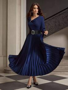 ZEYLAH Asymmetric Collar Metal Buckle Decor Pleated Long Sleeve Maxi Elegant Dress - Navy Blue - View 6