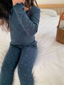 DAZY 2pcs Young Girl Girls Ditsy Floral Long Sleeve Knit Top And Pants Homewear Set, Fall - Navy Blue - View 9