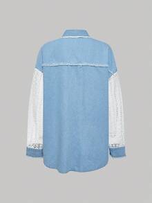 SHEIN MOD Áo sơ mi denim thường ngày hở vai, tay dài, cài một hàng khuy, có túi tiện dụng cho nữ - Màu xanh lam - Xem 2