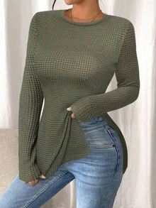 SHEIN Frenchy 女式纯色圆领长袖侧开衩休闲T恤 - 軍綠色 - 查看 4