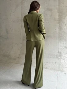 Firerie Women's Elegant Commuter Casual Daily Urban Chic Teacher Outfit, New Stylish Blazer Jacket With Waist Cinching And High-Waisted Pants, 2 Pieces Set In Military Green, Autumn/Winter