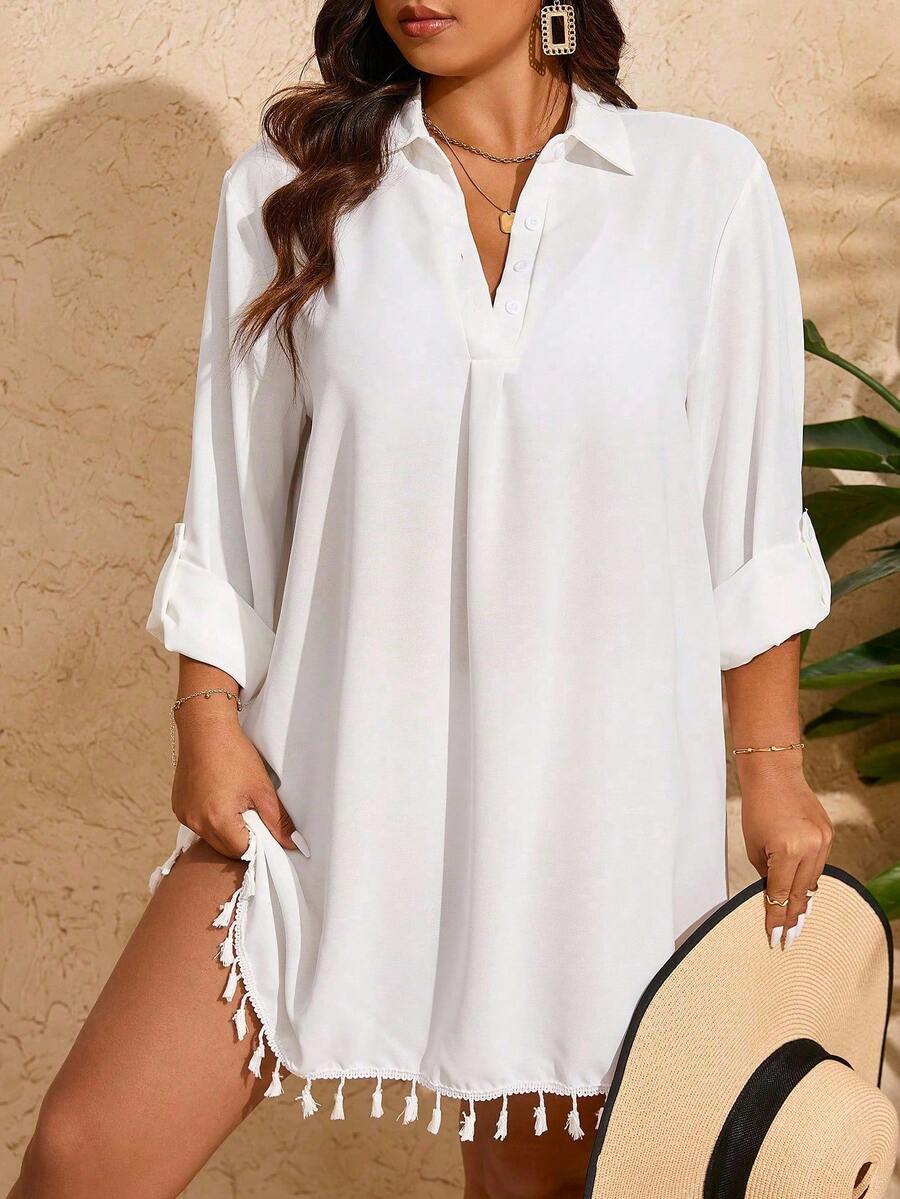Swim Vcay Plus Size Summer Beach Women's Tassel Hem Beach Cover-Up Shirt - White - View 1