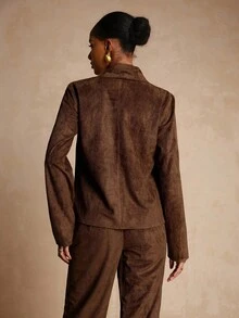 Vesra 女式绒面革不对称披肩领长袖休闲衬衫 - 咖啡棕 - 查看 2