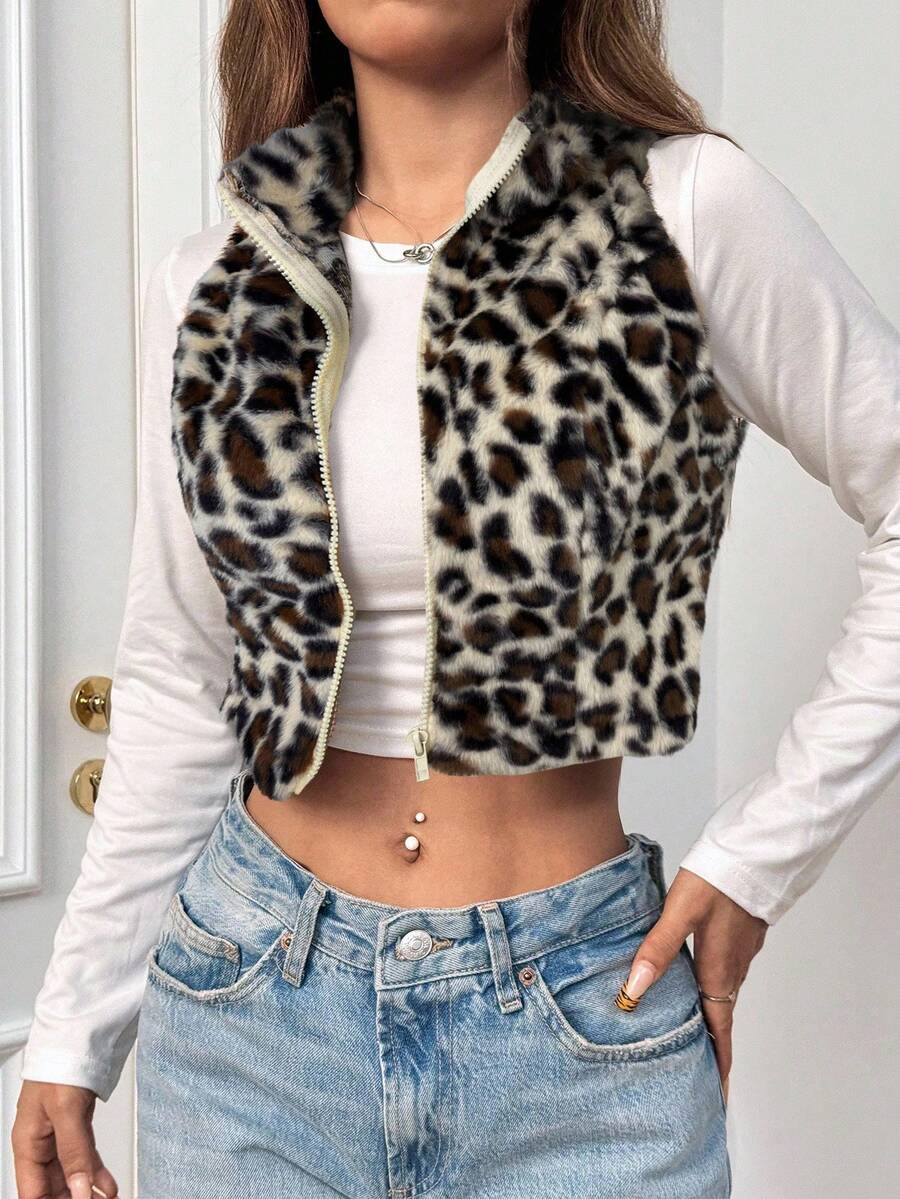 SHEIN EZwear Women's Light Apricot Leopard Print Wool Sleeveless Zip-Up Jacket, Autumn,Cheetah Print,Cozy Fall And Winter Clothes For Women - Apricot - View 1