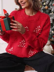 Louniche Women Crew Neck Long Sleeve Faux Pearl Decor Casual Pullover Sweater - Red - View 1